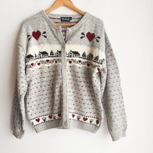 Vintage Weekend Edition Farm Hearts Print Cardigan Sweater M